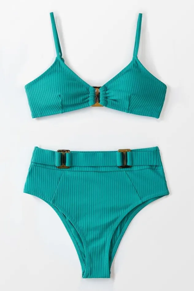 Women Bikini Sets Cupshe Ribbed Buckle High Waisted Bikini Teal