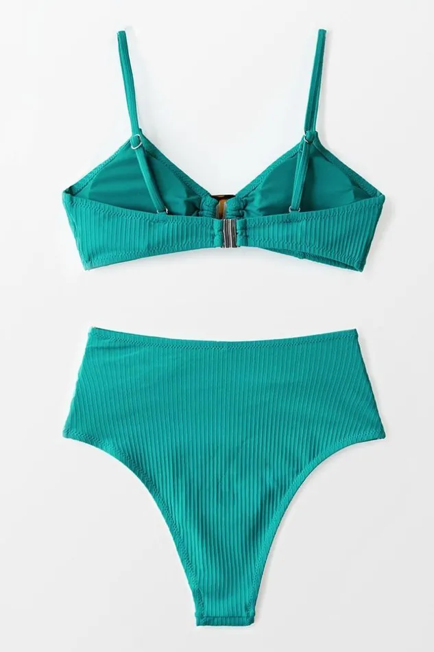 Women Bikini Sets Cupshe Ribbed Buckle High Waisted Bikini Teal