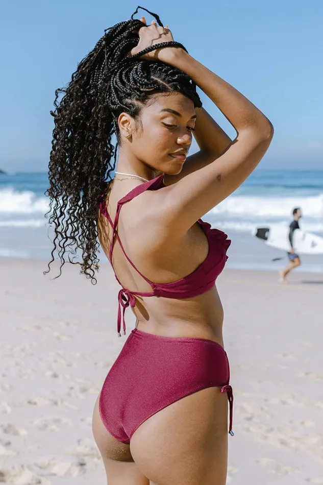 Women Bikini Sets Cupshe Savannah Burgundy Ruffle Crisscross Drawstring Bikini Burgundy