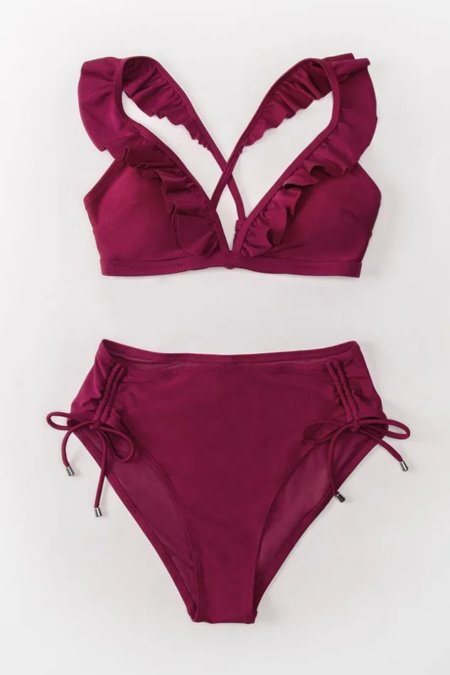 Women Bikini Sets Cupshe Savannah Burgundy Ruffle Crisscross Drawstring Bikini Burgundy