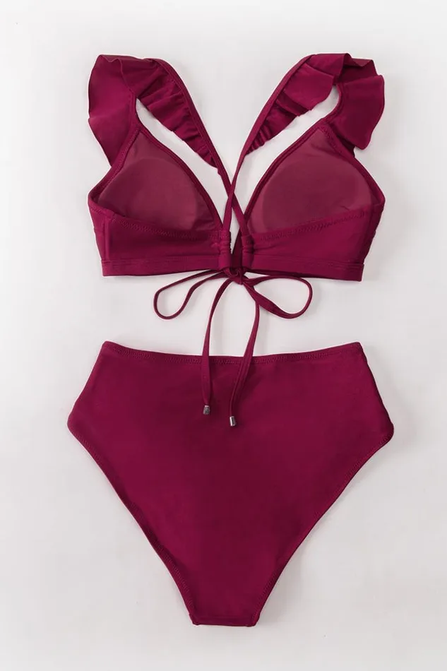 Women Bikini Sets Cupshe Savannah Burgundy Ruffle Crisscross Drawstring Bikini Burgundy