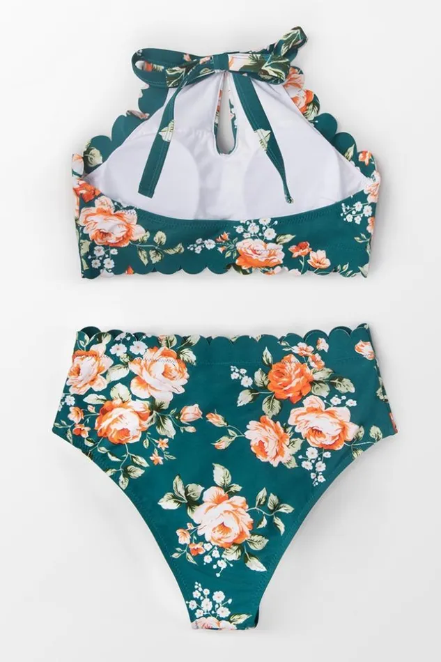 Women Bikini Sets Cupshe Teal Floral Scalloped High Waist Bikini Multicolor