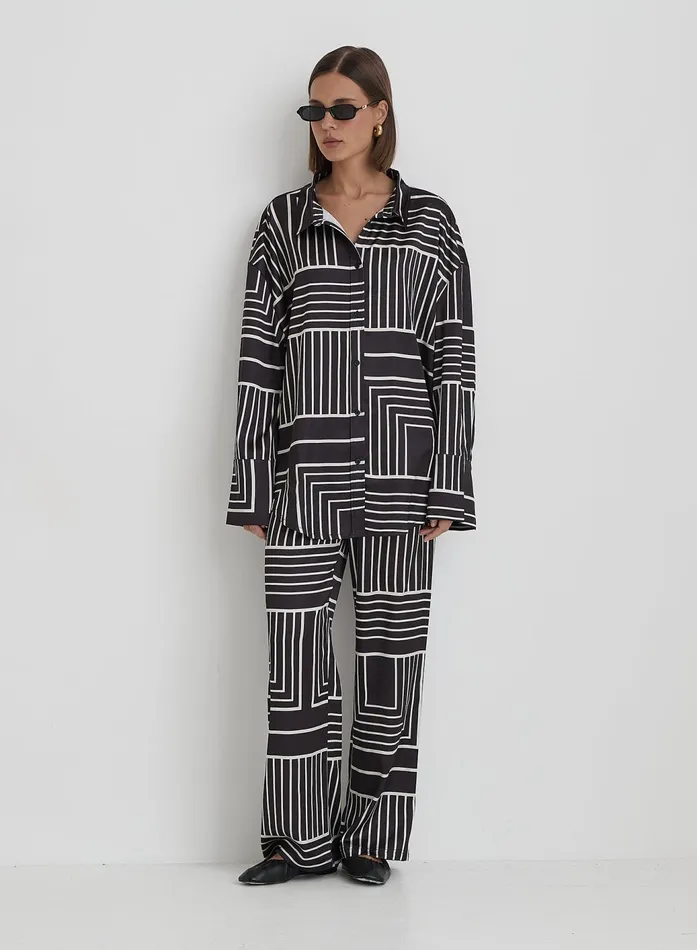 Women Black And Cream Abstract Print Relaxed Satin Trouser Kora 4th and Reckless Pants Women Black And Cream Abstract Print Relaxed Satin Trouser Kora 4th and Reckless Pants