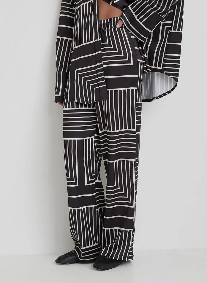Women Black And Cream Abstract Print Relaxed Satin Trouser Kora 4th and Reckless Pants