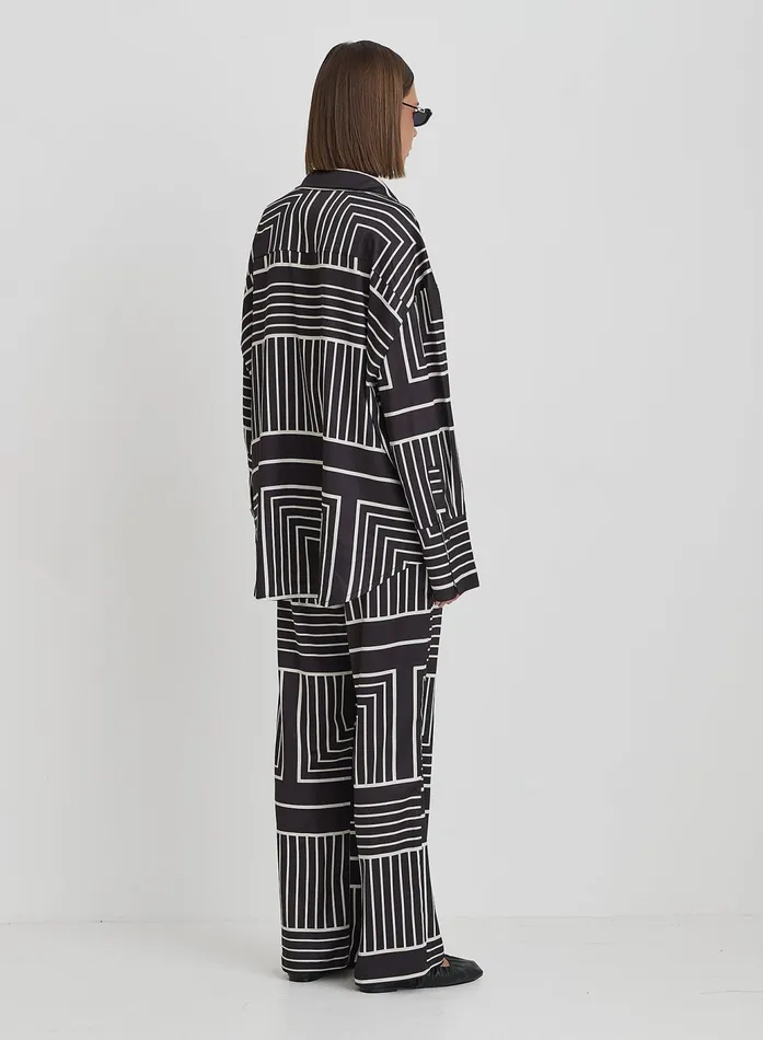 Women Black And Cream Abstract Print Relaxed Satin Trouser Kora 4th and Reckless Pants