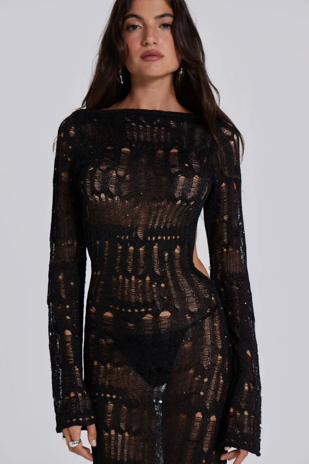 Women Black Metallic Umbra Maxi Dress Jaded London Knitwear