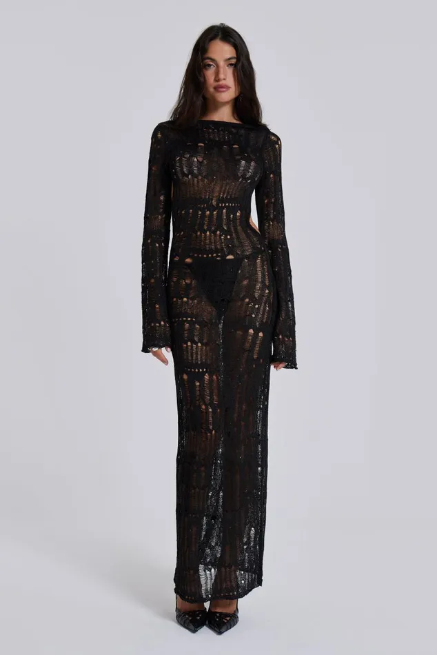 Women Black Metallic Umbra Maxi Dress Jaded London Knitwear