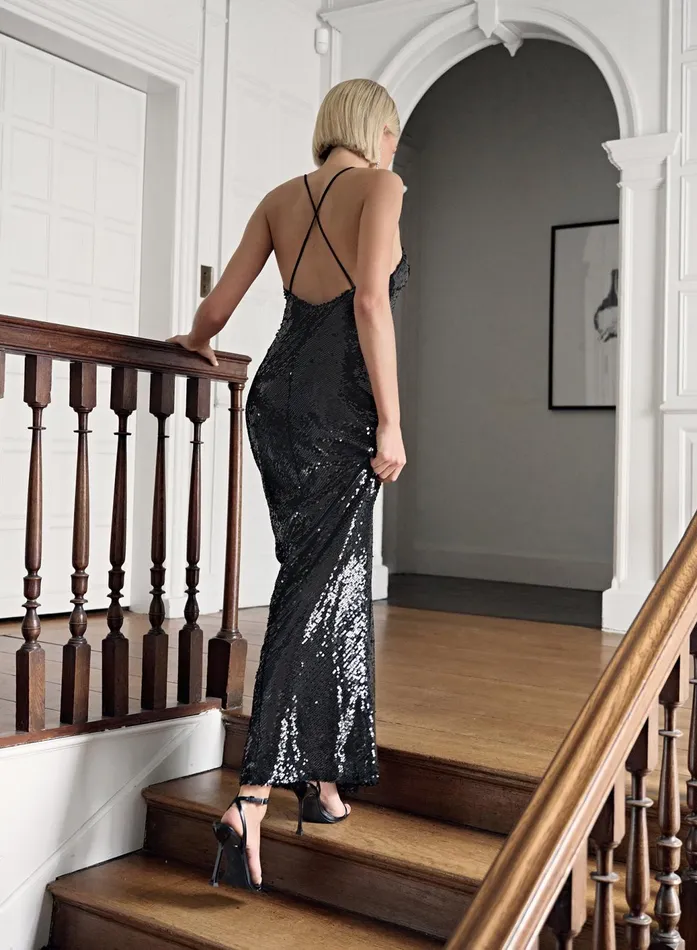 Women Black Sequin Cross Back Maxi Dress 8211 Bec 4th and Reckless Coords