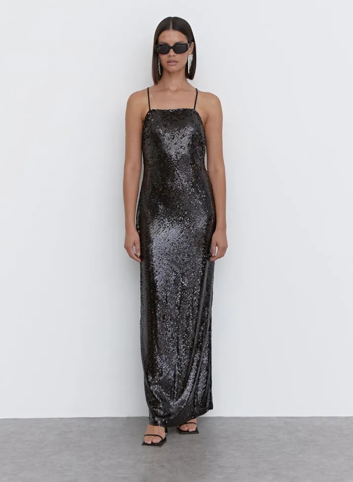 Women Black Sequin Cross Back Maxi Dress 8211 Bec 4th and Reckless Coords