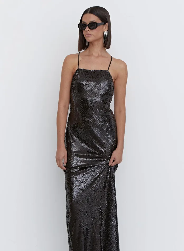 Women Black Sequin Cross Back Maxi Dress 8211 Bec 4th and Reckless Coords