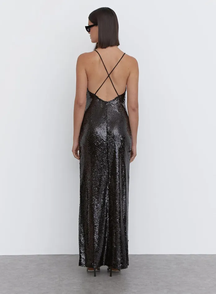 Women Black Sequin Cross Back Maxi Dress 8211 Bec 4th and Reckless Coords