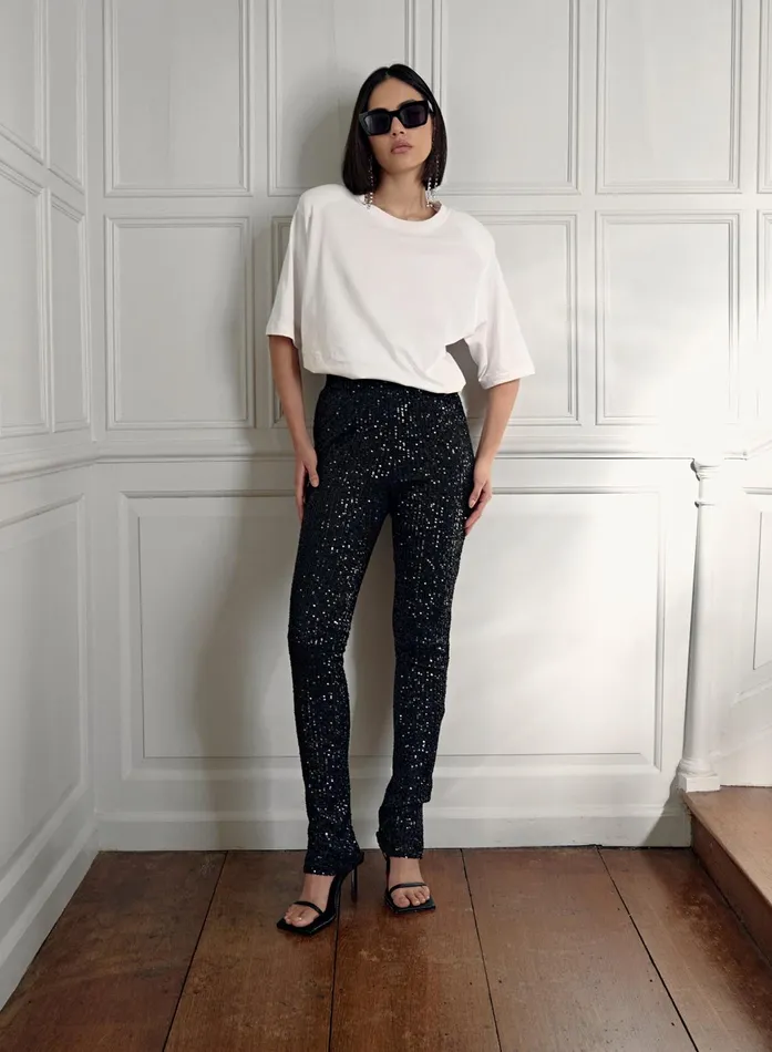 Women Black Sequin Split Hem Legging 8211 Anette 4th and Reckless Leggings