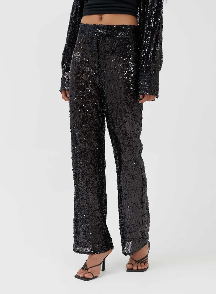 Women Black Sequin Straight Leg Trousers 8211 Zoey 4th and Reckless Pants