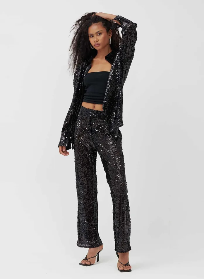 Women Black Sequin Straight Leg Trousers 8211 Zoey 4th and Reckless Pants