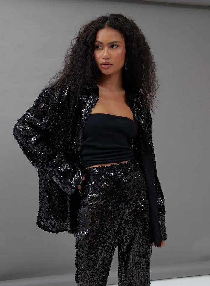 Women Black Sequin Straight Leg Trousers 8211 Zoey 4th and Reckless Pants