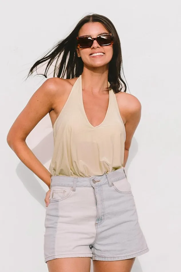 Women Bodysuits Cupshe Adelina Vneck Halter Middle Cut Bodysuit Nude