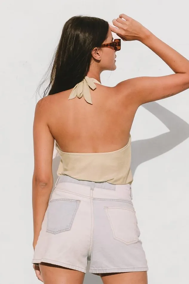 Women Bodysuits Cupshe Adelina Vneck Halter Middle Cut Bodysuit Nude
