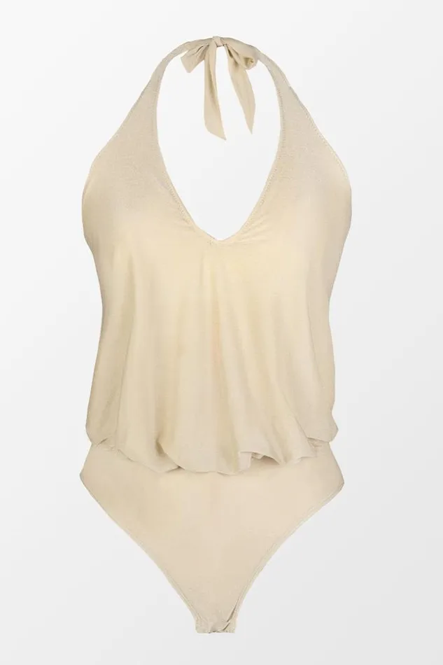 Women Bodysuits Cupshe Adelina Vneck Halter Middle Cut Bodysuit Nude