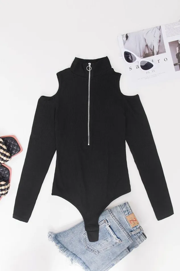 Women Bodysuits Cupshe Tamia Zipup Cold Shoulder Long Sleeve Bodysuit Black