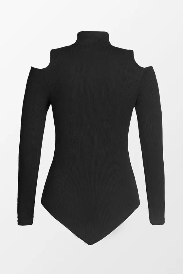 Women Bodysuits Cupshe Tamia Zipup Cold Shoulder Long Sleeve Bodysuit Black