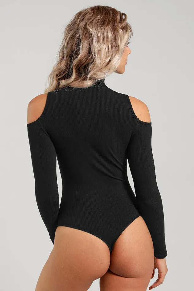 Women Bodysuits Cupshe Tamia Zipup Cold Shoulder Long Sleeve Bodysuit Black