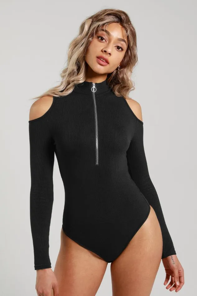 Women Bodysuits Cupshe Tamia Zipup Cold Shoulder Long Sleeve Bodysuit Black