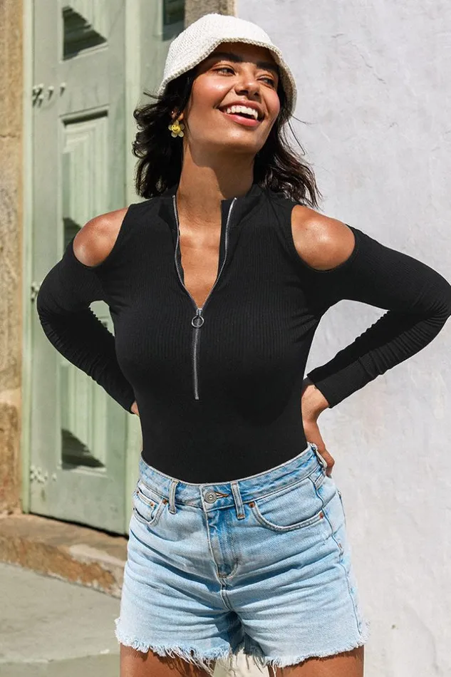 Women Bodysuits Cupshe Tamia Zipup Cold Shoulder Long Sleeve Bodysuit Black