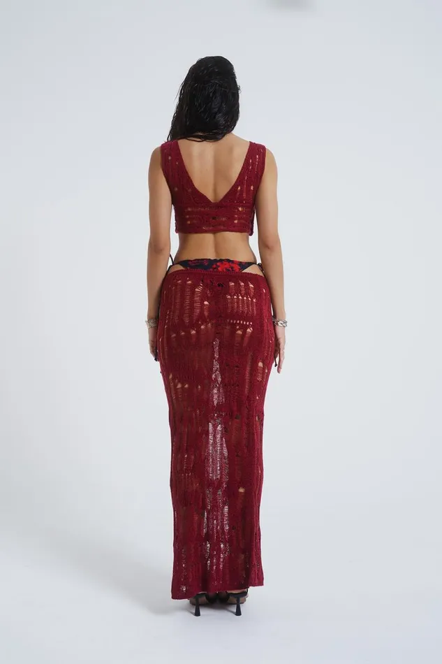 Women Burgundy Laddered Knit Wrap Around Beach Top Jaded London Knitwear