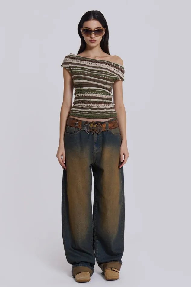 Women Busted Wash Sonic Baggy Leg Jeans With Turn Up Hem Jaded London Jeans