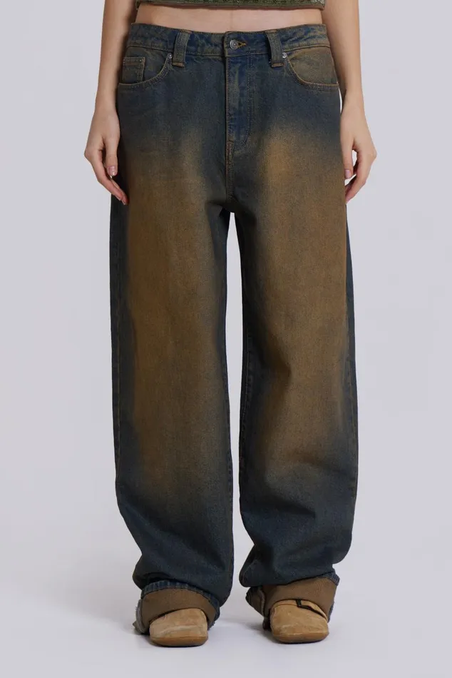 Women Busted Wash Sonic Baggy Leg Jeans With Turn Up Hem Jaded London Jeans