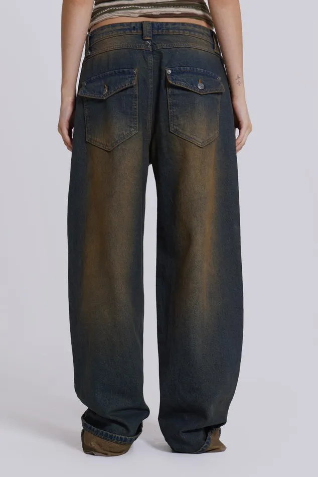 Women Busted Wash Sonic Baggy Leg Jeans With Turn Up Hem Jaded London Jeans