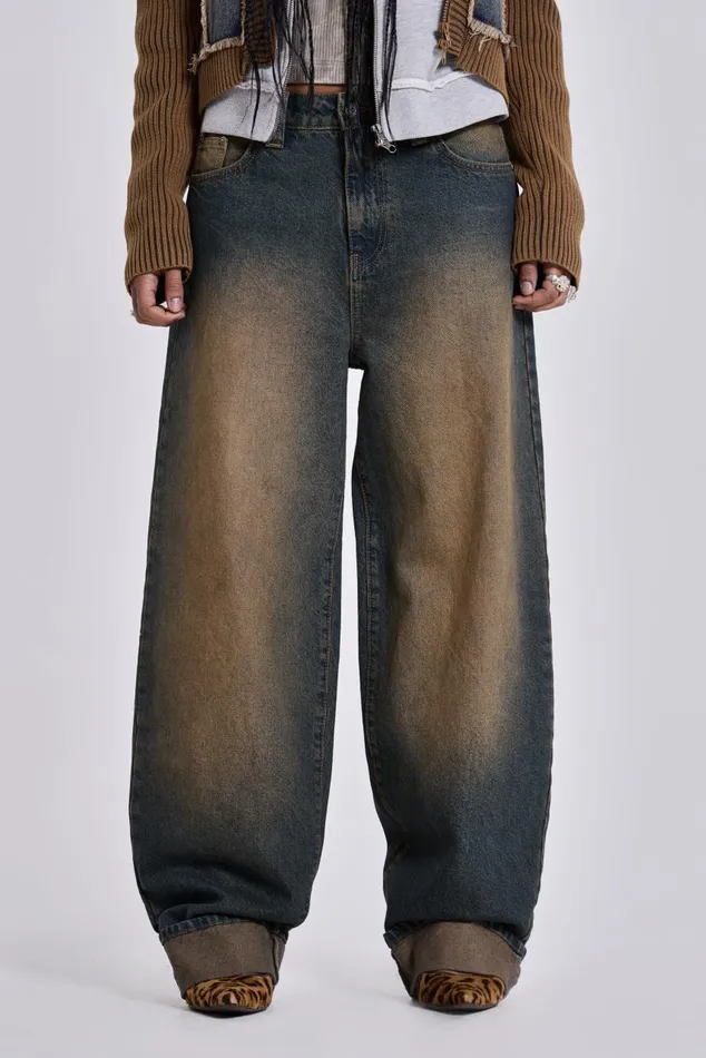 Women Busted Wash Sonic Baggy Leg Jeans With Turn Up Hem Jaded London Jeans