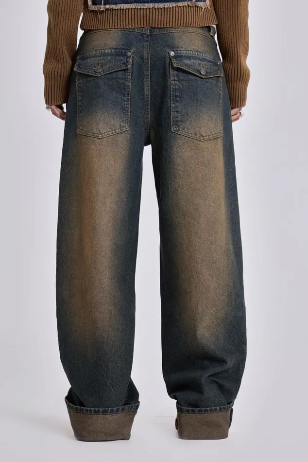 Women Busted Wash Sonic Baggy Leg Jeans With Turn Up Hem Jaded London Jeans