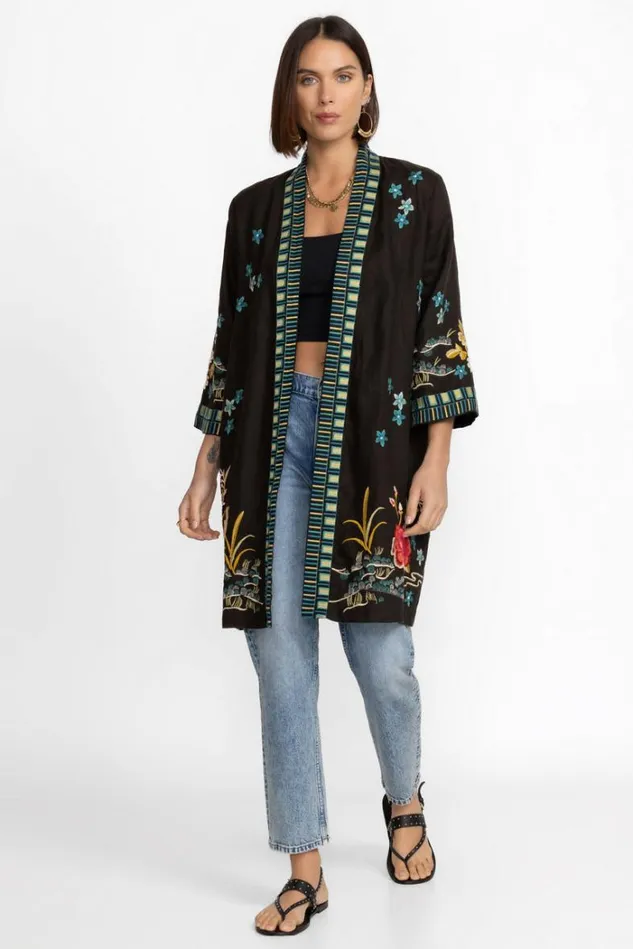 Women CELINA LINEN KIMONO COAT Black Johnny Was Kimonos