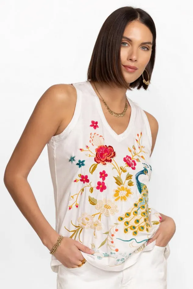 Women CELINA RAW EDGE VNECK TANK White Johnny Was Tops