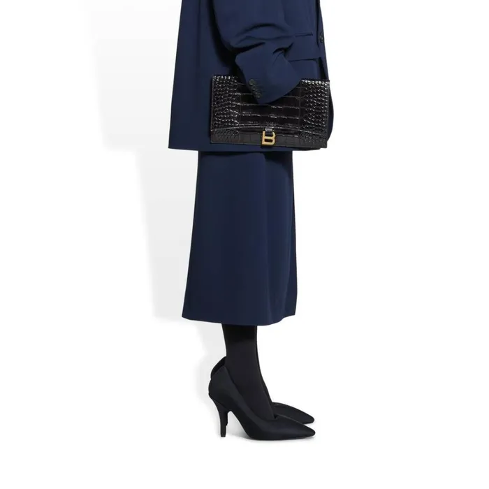 Women Clutches and Pouches Balenciaga Hourglass Flat Pouch With Flap Crocodile Embossed In Black