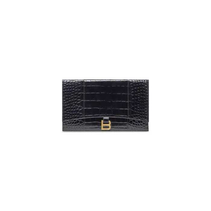 Women Clutches and Pouches Balenciaga Hourglass Flat Pouch With Flap Crocodile Embossed In Black