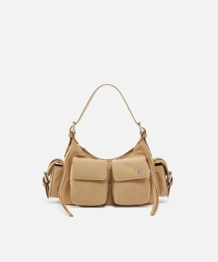 Women Crossbody Bags Pinko Cargo Bag In Recycled Technical Fabric Beigesmoke Greyshiny Nickel Women Crossbody Bags Pinko Cargo Bag In Recycled Technical Fabric Beigesmoke Greyshiny Nickel