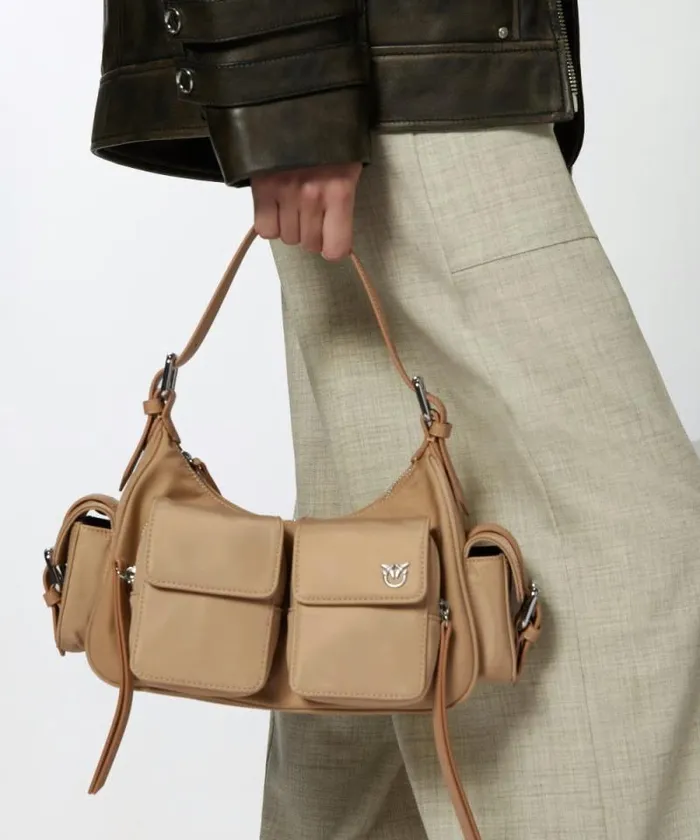 Women Crossbody Bags Pinko Cargo Bag In Recycled Technical Fabric Beigesmoke Greyshiny Nickel Women Crossbody Bags Pinko Cargo Bag In Recycled Technical Fabric Beigesmoke Greyshiny Nickel
