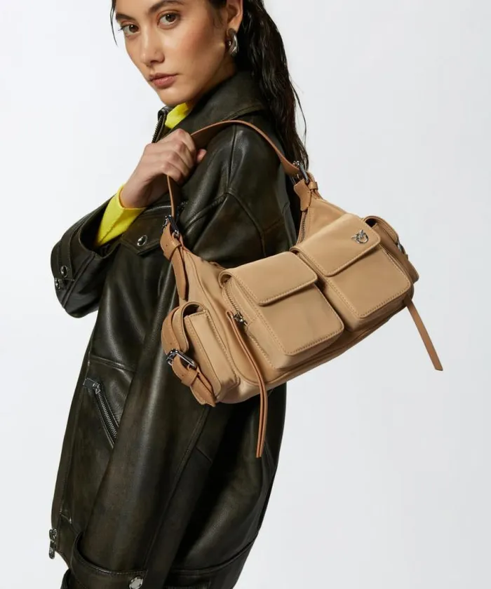Women Crossbody Bags Pinko Cargo Bag In Recycled Technical Fabric Beigesmoke Greyshiny Nickel Women Crossbody Bags Pinko Cargo Bag In Recycled Technical Fabric Beigesmoke Greyshiny Nickel