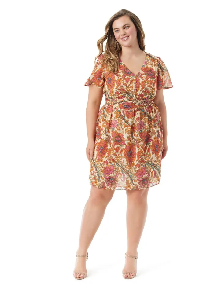 Women Dresses Jessica Simpson Vilma Button Front Dress In Apricot Sherbet Paisley