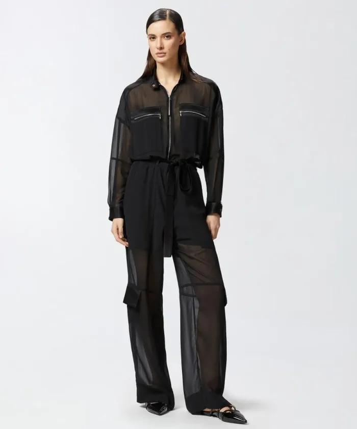 Women Dresses Pinko Cargo Jumpsuit In Shiny Satin And Georgette Limo Black