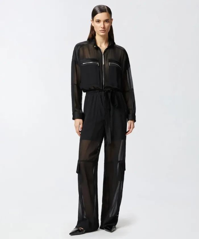 Women Dresses Pinko Cargo Jumpsuit In Shiny Satin And Georgette Limo Black Women Dresses Pinko Cargo Jumpsuit In Shiny Satin And Georgette Limo Black