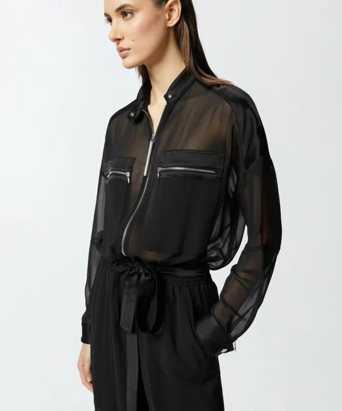 Women Dresses Pinko Cargo Jumpsuit In Shiny Satin And Georgette Limo Black Women Dresses Pinko Cargo Jumpsuit In Shiny Satin And Georgette Limo Black