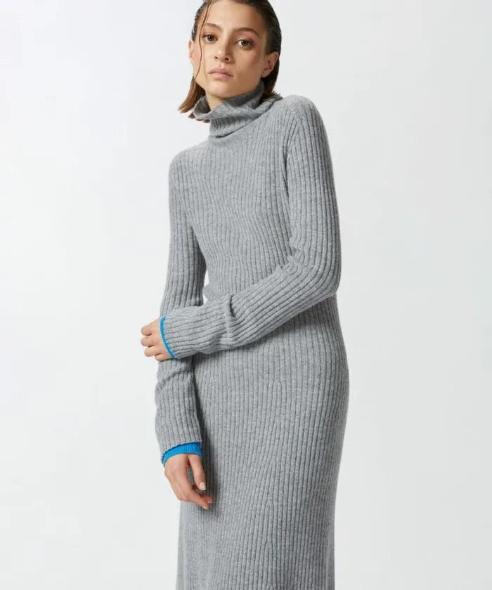 Women Dresses Pinko Long Ribbed Knit Cashmereblend Dress Light Greyturquoise