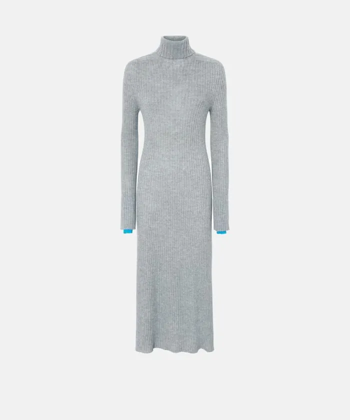 Women Dresses Pinko Long Ribbed Knit Cashmereblend Dress Light Greyturquoise Women Dresses Pinko Long Ribbed Knit Cashmereblend Dress Light Greyturquoise