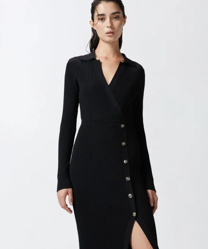 Women Dresses Pinko Long Ribbed Knit Dress With Golden Buttons Limo Black