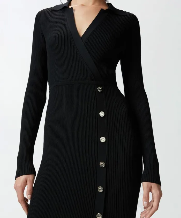 Women Dresses Pinko Long Ribbed Knit Dress With Golden Buttons Limo Black Women Dresses Pinko Long Ribbed Knit Dress With Golden Buttons Limo Black