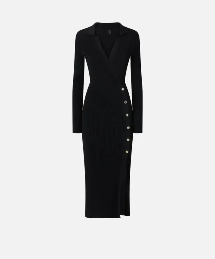 Women Dresses Pinko Long Ribbed Knit Dress With Golden Buttons Limo Black Women Dresses Pinko Long Ribbed Knit Dress With Golden Buttons Limo Black