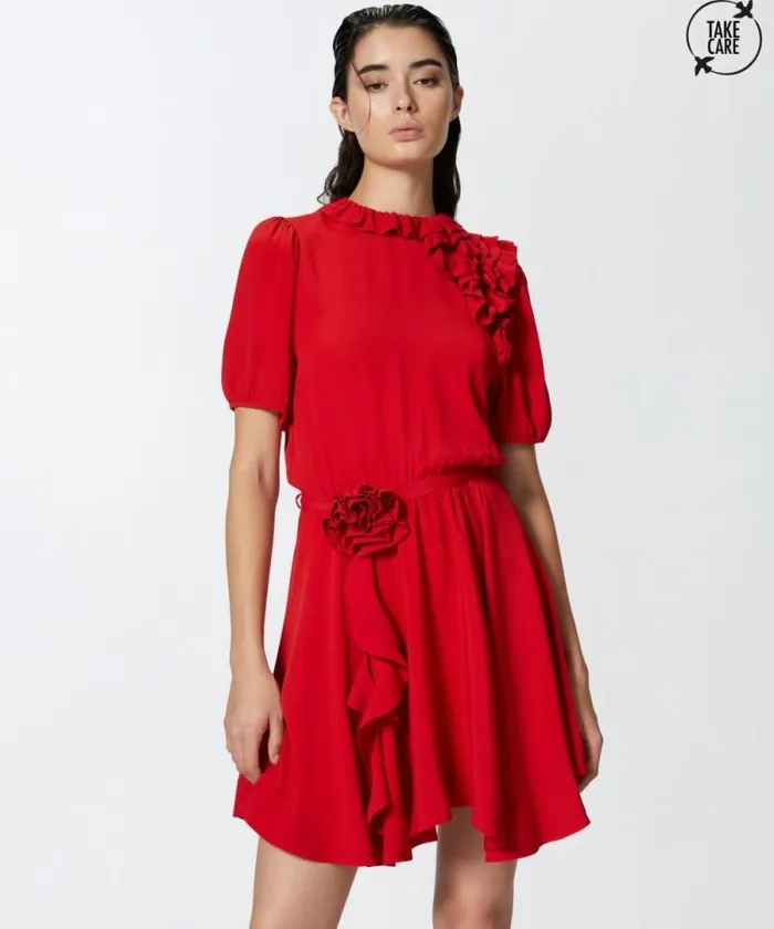 Women Dresses Pinko Silkblend Mini Dress With Rose And Ruffles Salsa Red